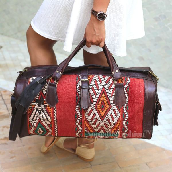 Personalized Kilim Travel Bag Carpet Leather Weekend Bag 