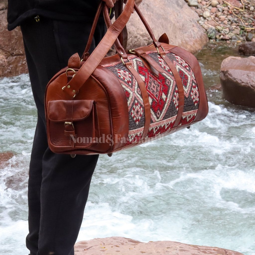 Genuine Leather Duffle Kilim Bag Large Carry On Travel Weekender