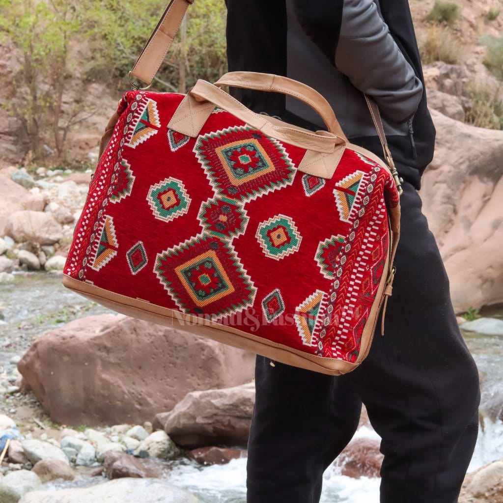 travel bag Leather with Red kilim Shoulder Duffle Bag weekender Natural