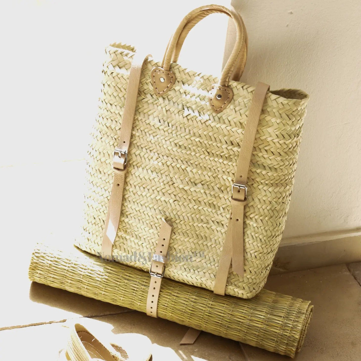 Leather Straw Backpack with picnic mat Boho Design