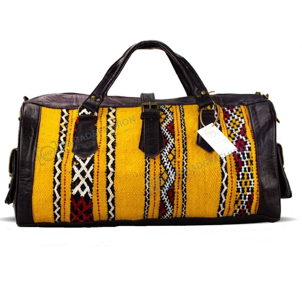 Moroccan Leather with Yellow kilim travel Shoulder Duffle Bag Handbag Tribal Bohemian
