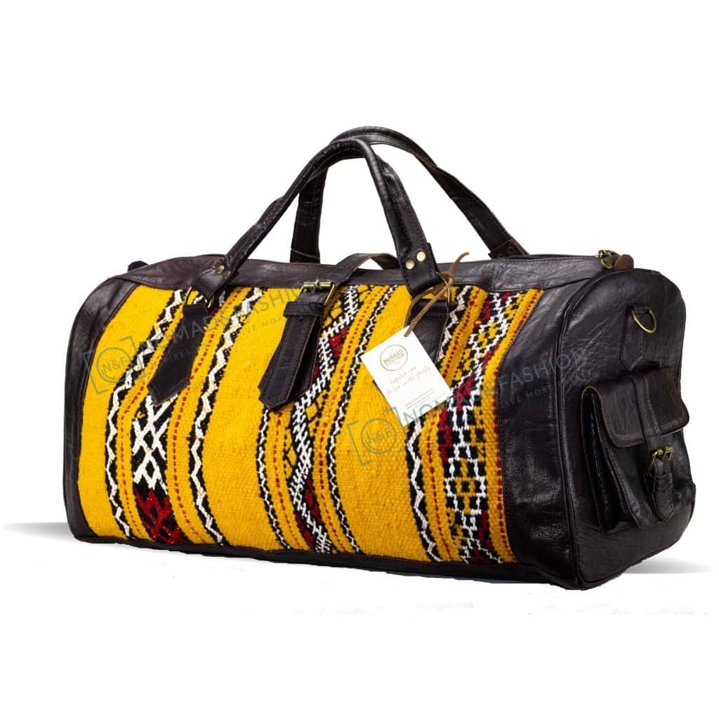 Moroccan Leather with Yellow kilim travel Shoulder Duffle Bag Handbag Tribal Bohemian