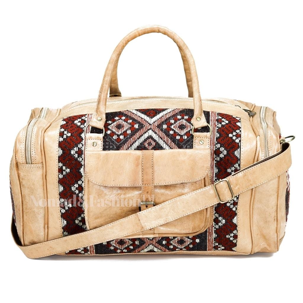 Genuine kilim Leather Duffle Kilim Bag Round Carry On Travel Weekender Overnight Bag Natural