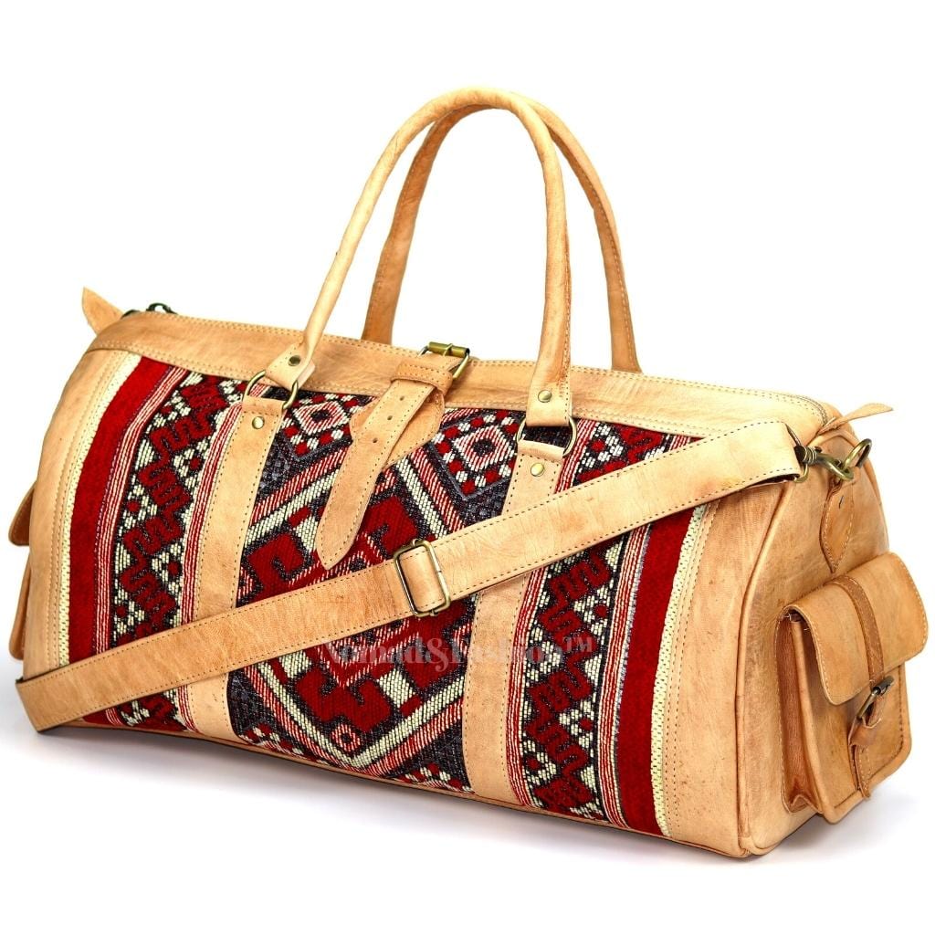 Genuine Leather Duffle Kilim Bag Large Carry On Travel Weekender Overnight Bag Natural