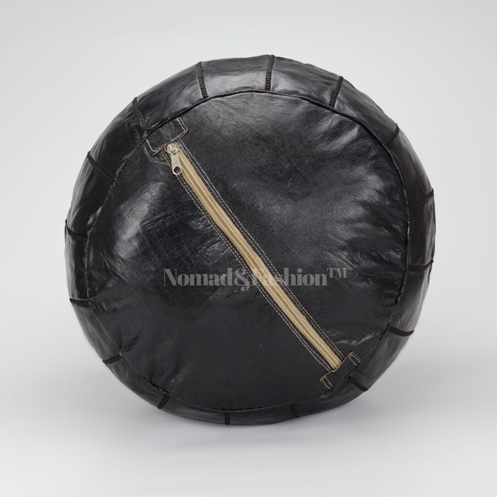 Premium handmade leather Moroccan pouf ottoman round poofs Black &amp; White