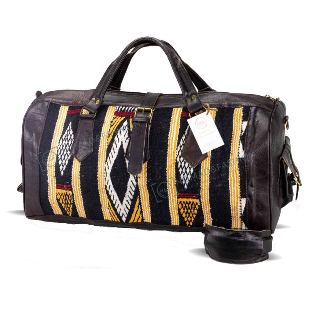 Moroccan Leather with Black &amp; Yellow kilim travel Shoulder Duffle Bag Handbag Tribal Bohemian