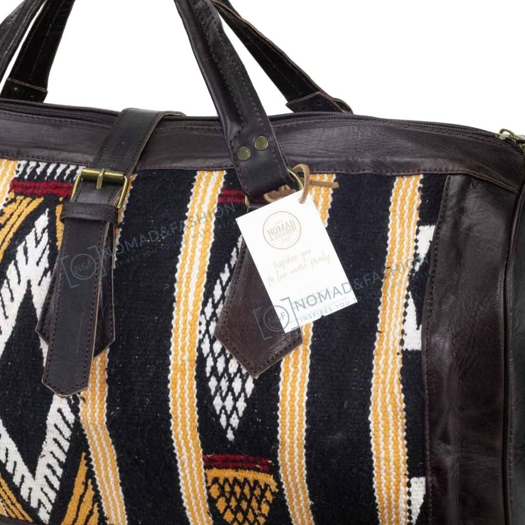 Moroccan Leather with Black &amp; Yellow kilim travel Shoulder Duffle Bag Handbag Tribal Bohemian