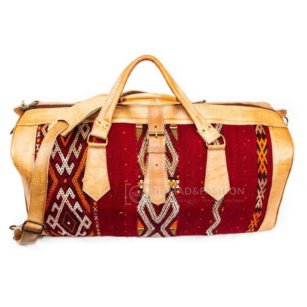 Travel adventure bag Leather with kilim travel Shoulder Duffle Bag weekender Handbag Tribal Bohemian Style color Natural