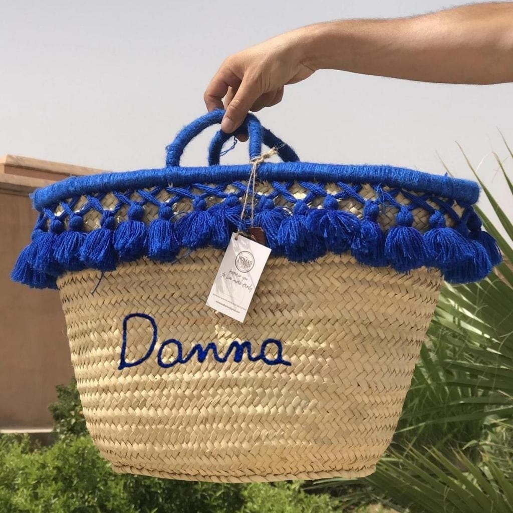 Monogrammed Moroccan Straw Basket With Tassels Personalized