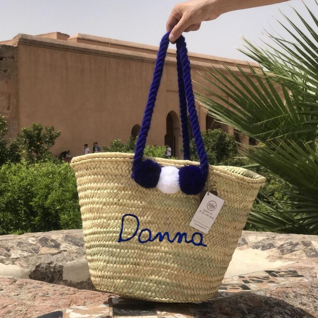 Monogrammed Moroccan Straw Basket Personalized With Pompoms