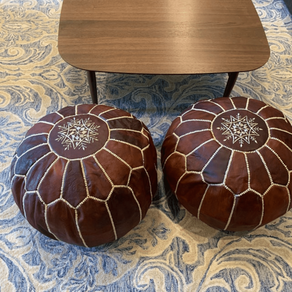 Set of 2 Handmade Leather Moroccan Pouf Ottoman Round Sofa.