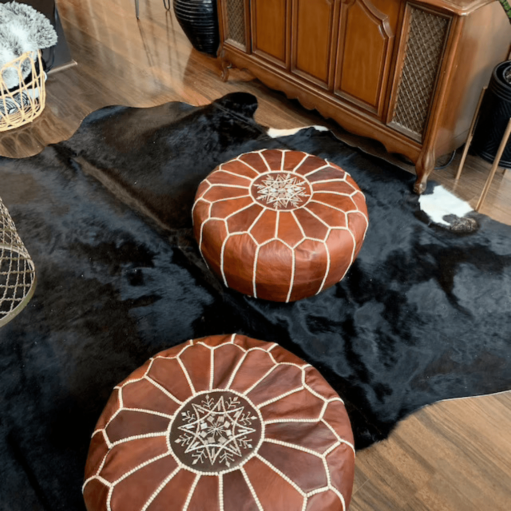 Handcrafted Natural Leather Round Pouf - Dark Brown Leather