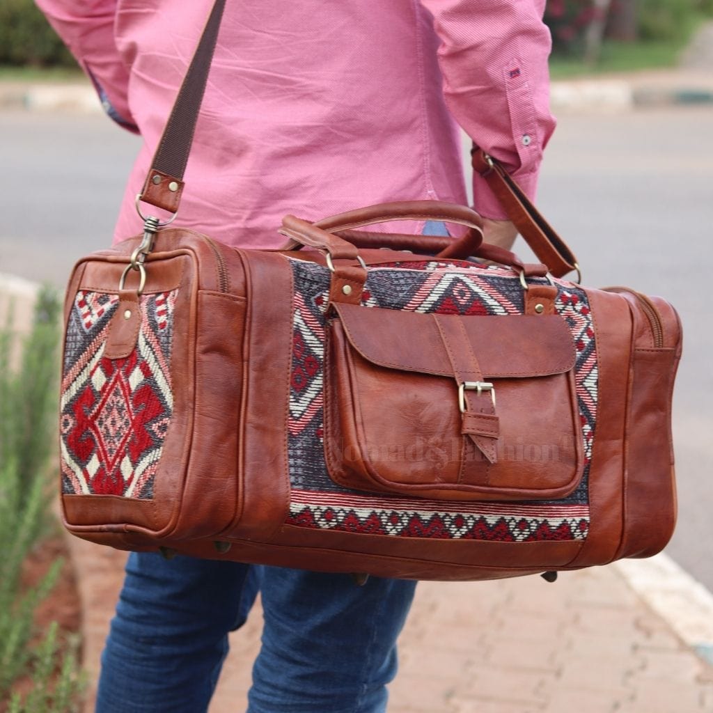 Genuine kilim Leather Duffle Kilim Bag Round Carry On Travel Weekender Overnight Bag Natural