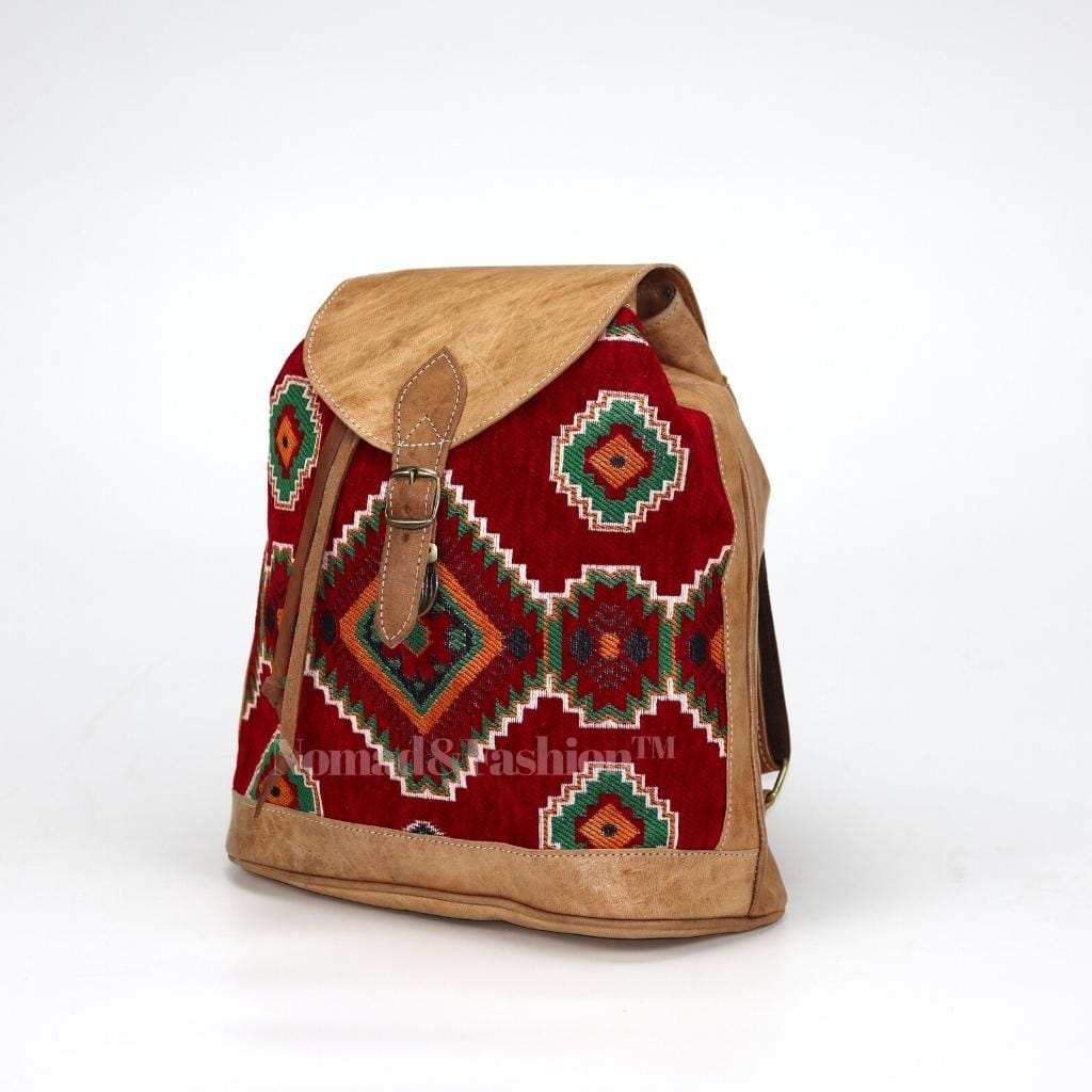 Vintage Backpack Moroccan Handmade leather with Red kilim Rustic Boho style