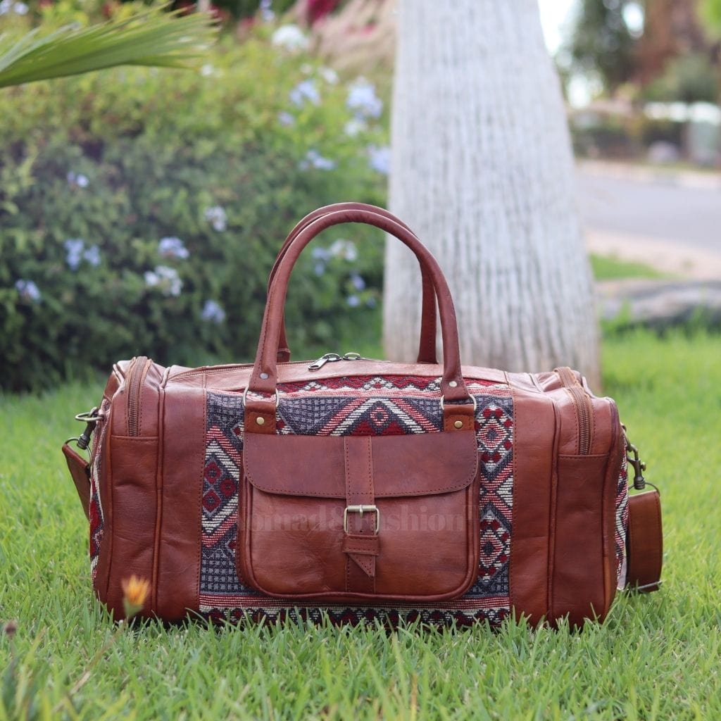 Genuine kilim Leather Duffle Kilim Bag Round Carry On Travel Weekender Overnight Bag