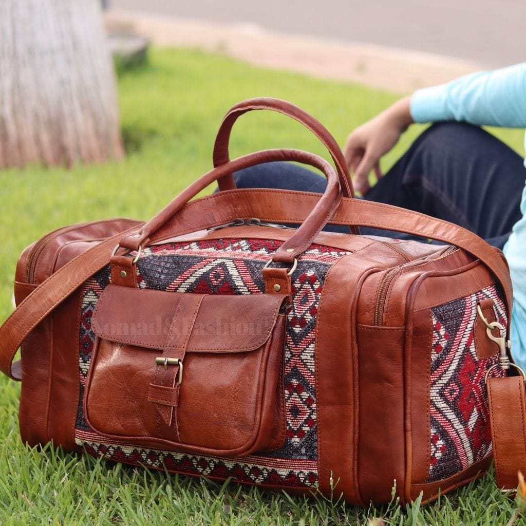 Genuine kilim Leather Duffle Kilim Bag Round Carry On Travel Weekender Overnight Bag