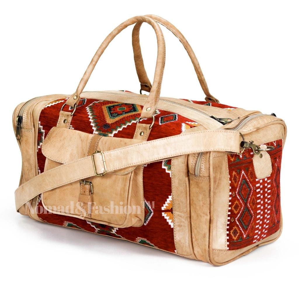 Genuine kilim Leather Duffle Red Kilim Bag Round Carry On Travel Weekender Overnight Bag Natural