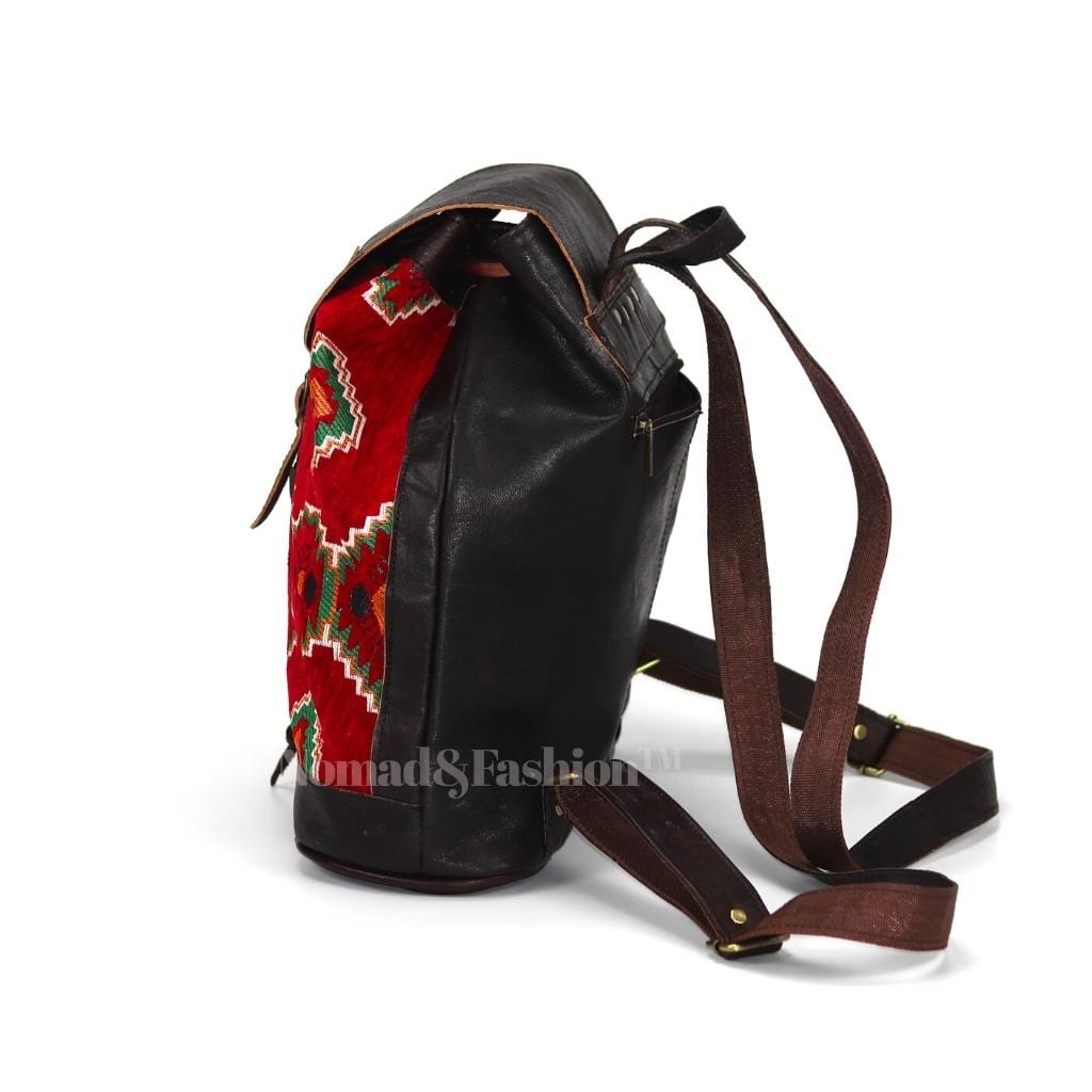 Vintage Backpack Moroccan Handmade leather with Red kilim Rustic Boho style