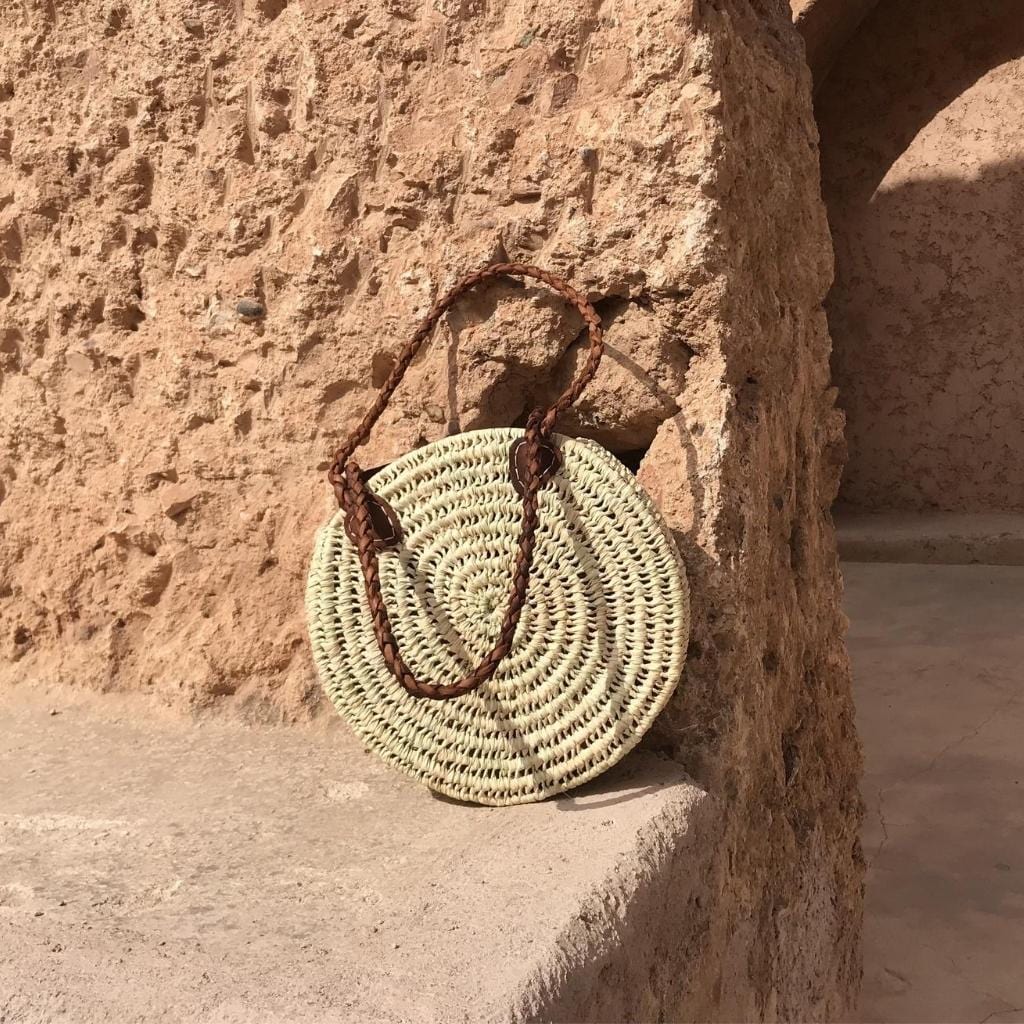 Moroccan Boho Straw Round Beach Basket Bag