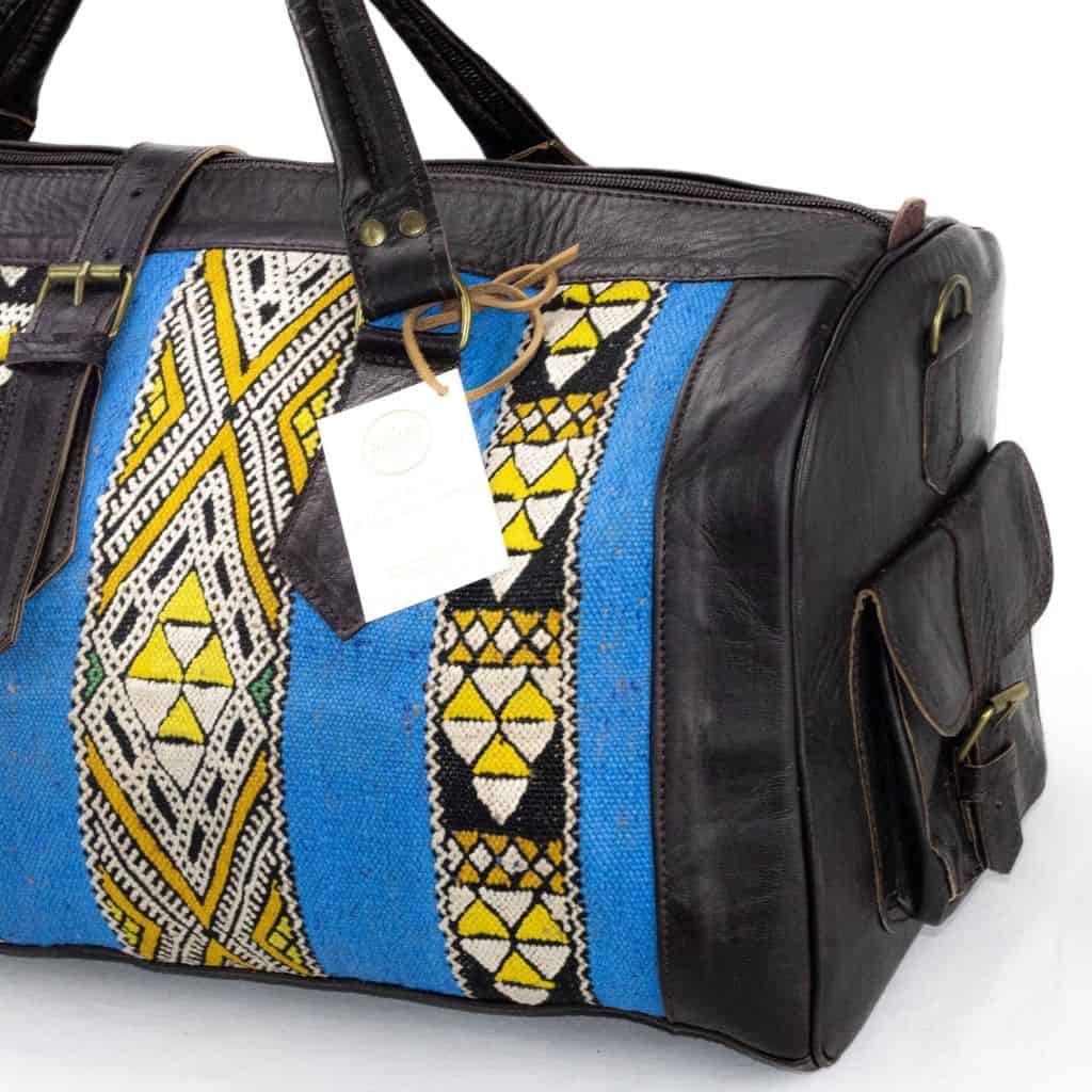Moroccan Leather with Blue kilim travel Shoulder Duffle Bag Handbag Tribal Bohemian