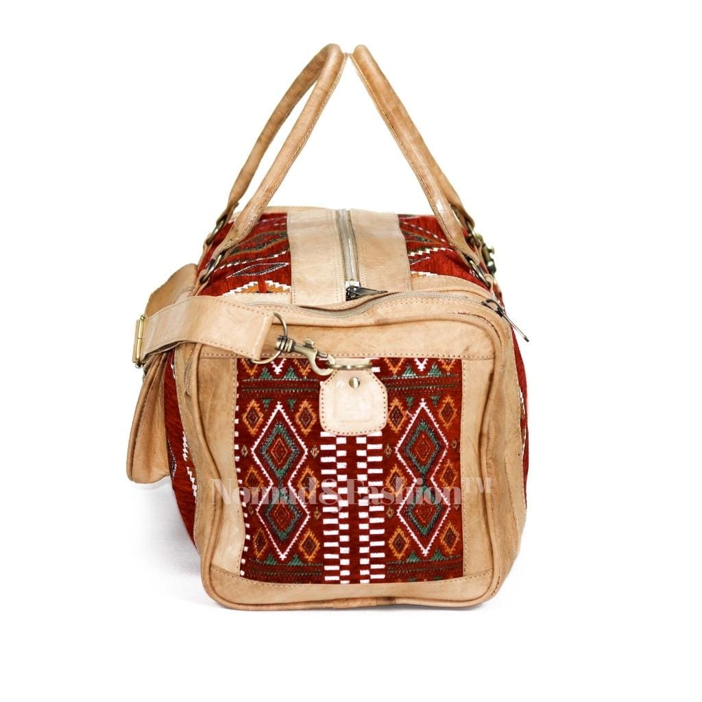 Genuine kilim Leather Duffle Red Kilim Bag Round Carry On Travel Weekender Overnight Bag Natural