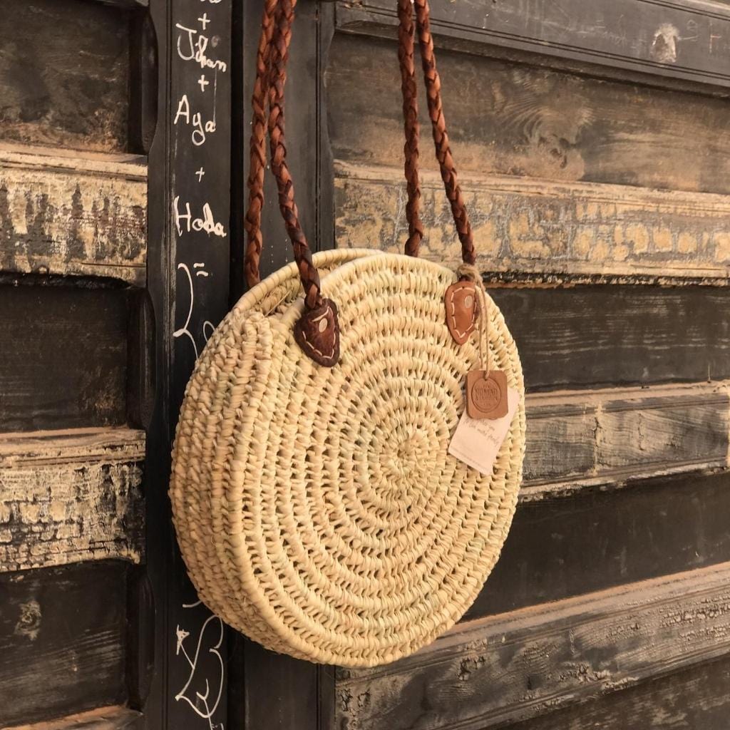 Moroccan Boho Straw Round Beach Basket Bag