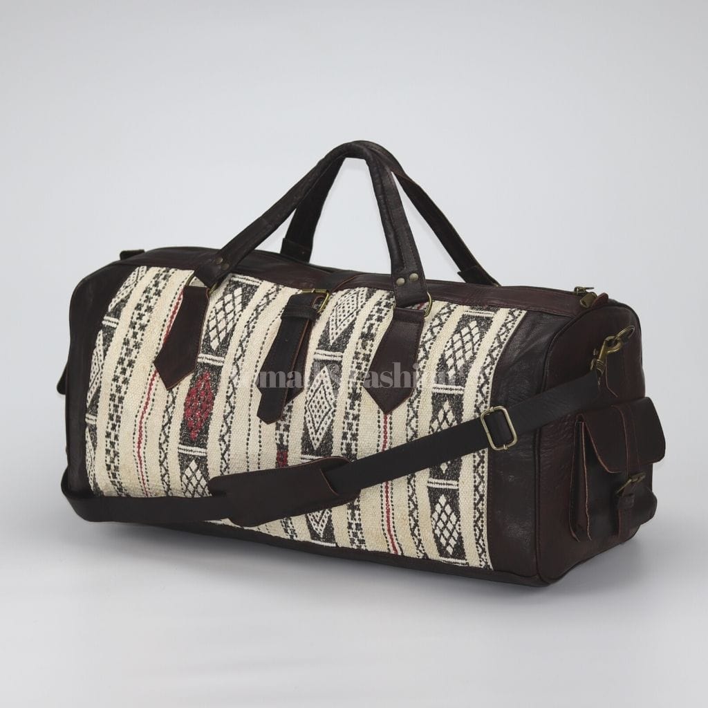 Moroccan Leather with Black &amp; White kilim travel Shoulder Duffle Bag Handbag Tribal Bohemian