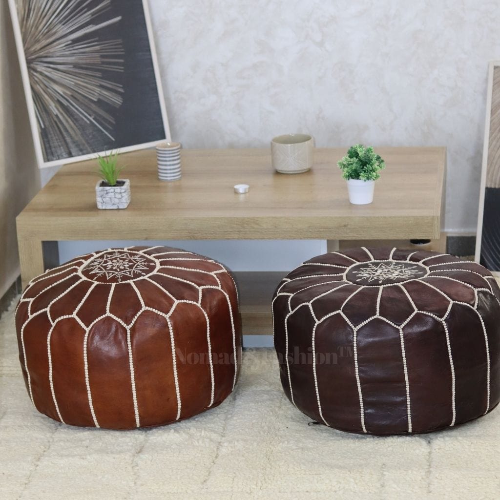 Moroccan pouf leather unstuffed brown & dark brown