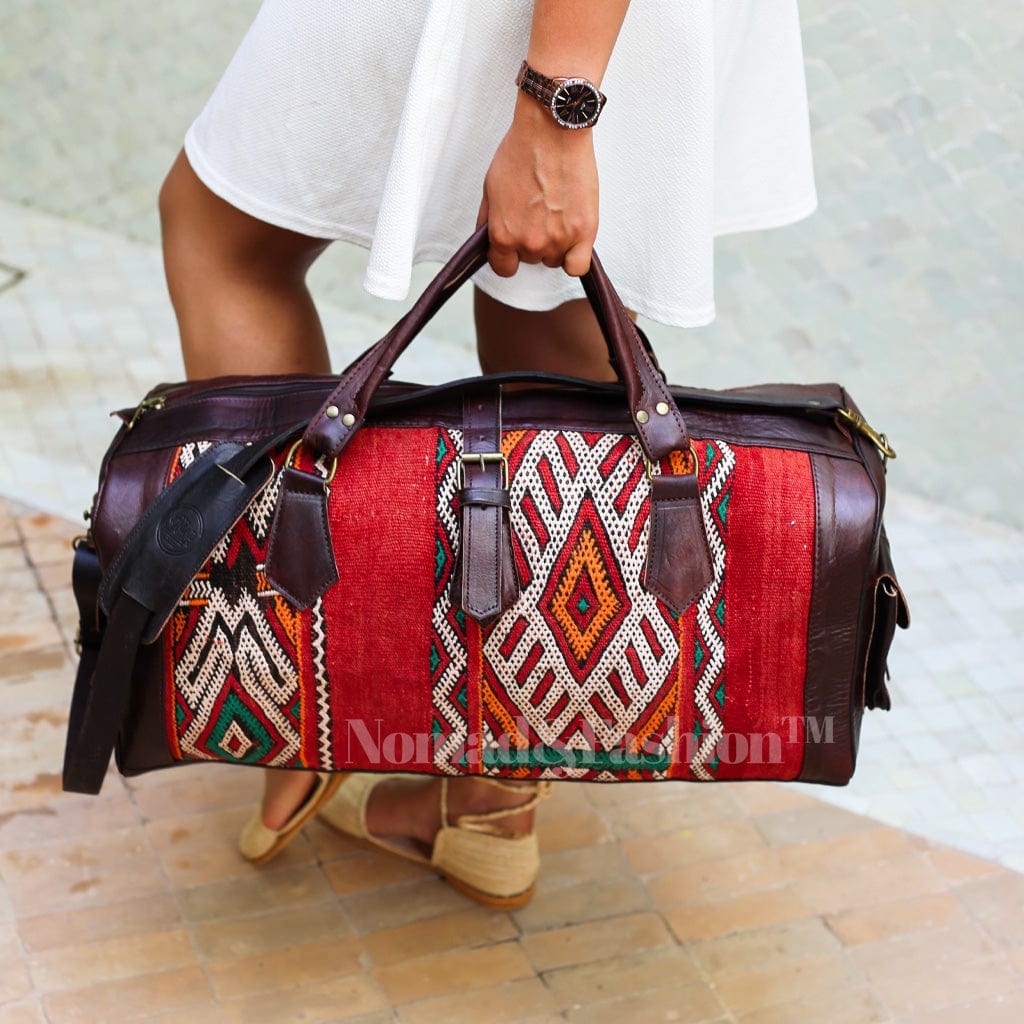Leather Kilim Travel Bag Brown carry on duffel bag+Free Shipping