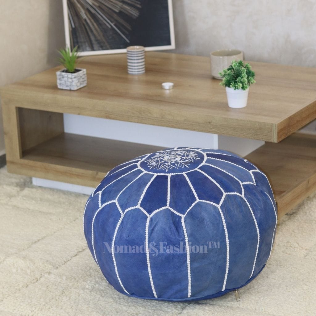 Handmade Leather Moroccan Pouf Ottoman Round Color Gray Stitched Colored