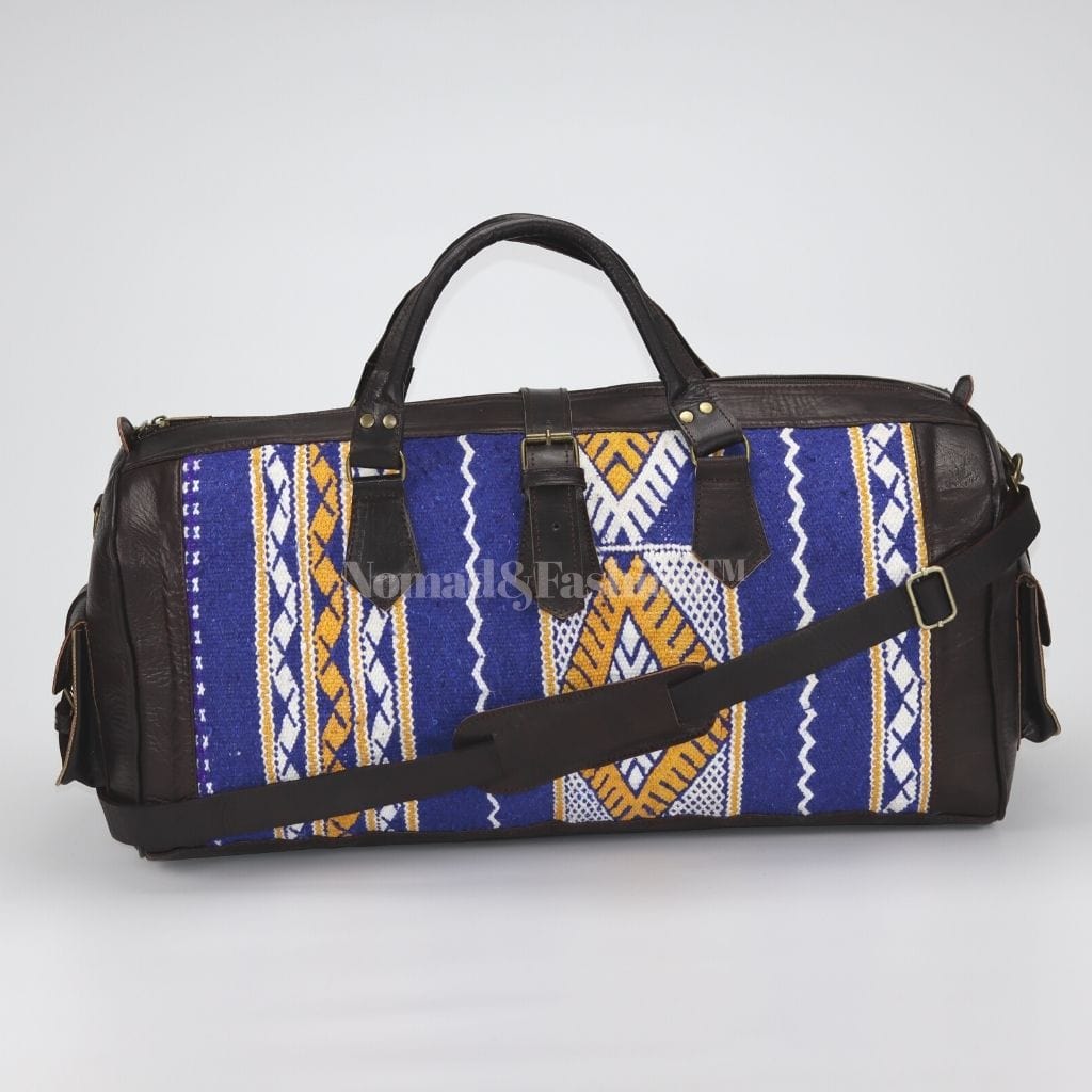 Moroccan Leather with Blue kilim travel Shoulder Duffle Bag Handbag Tribal Bohemian