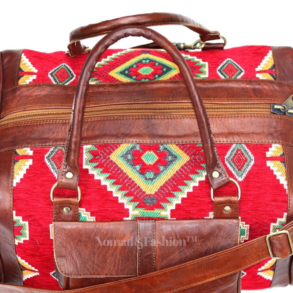 Genuine kilim Leather Duffle Red Kilim Bag Round Carry On Travel Weekender Overnight Bag Brown