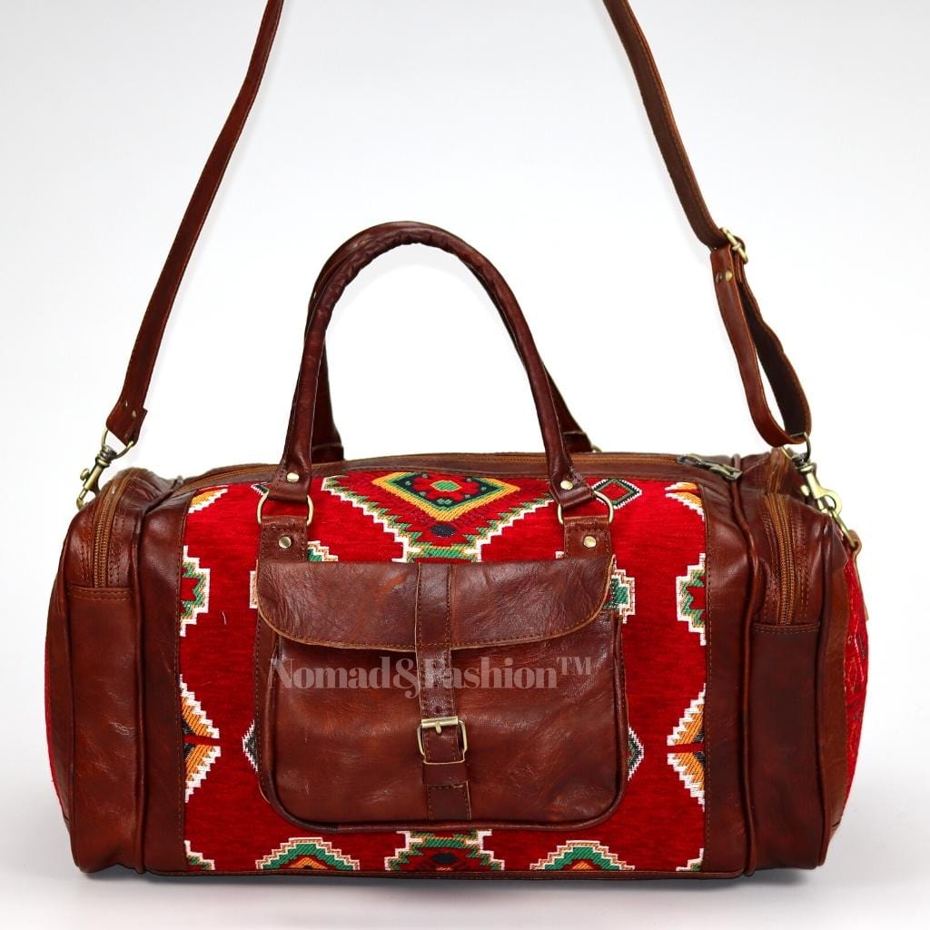 Genuine kilim Leather Duffle Red Kilim Bag Round Carry On Travel Weekender Overnight Bag Brown