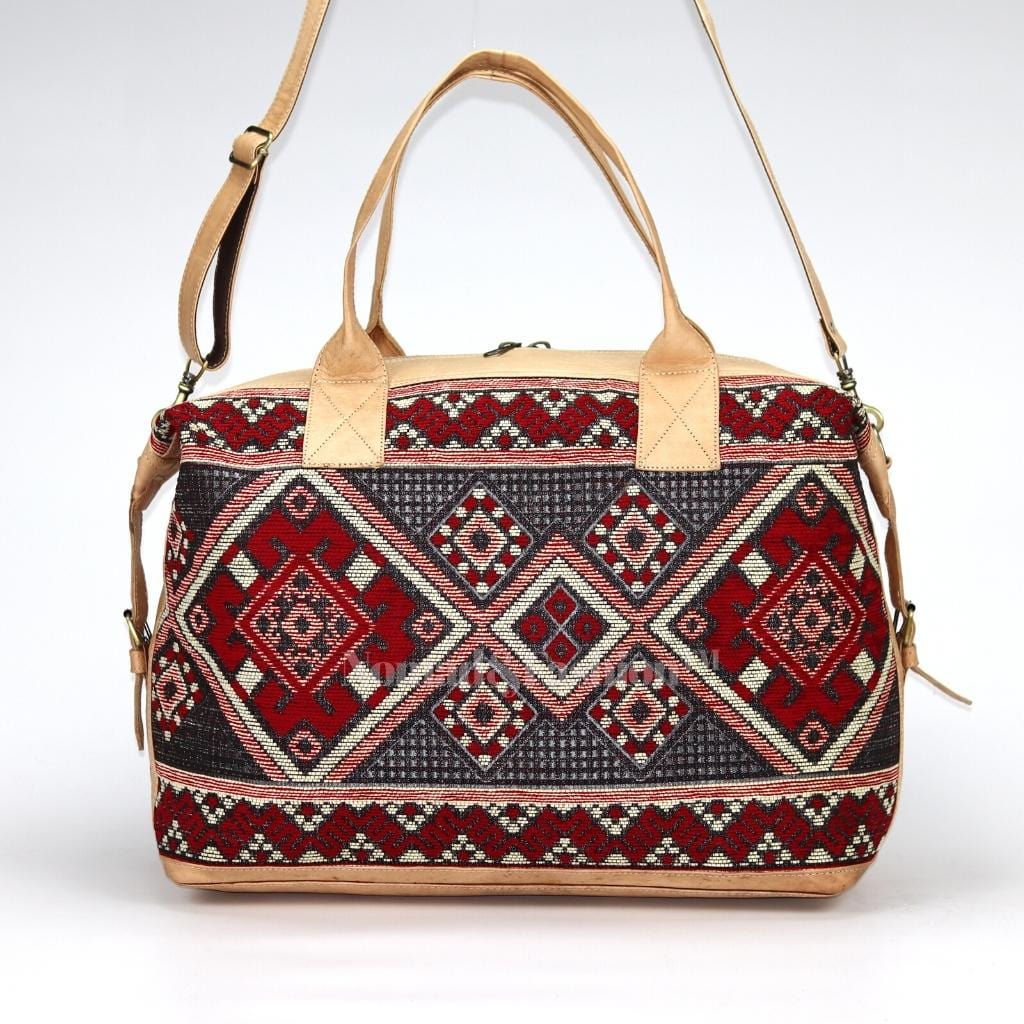 travel bag Leather with Red kilim Shoulder Duffle Bag weekender Natural