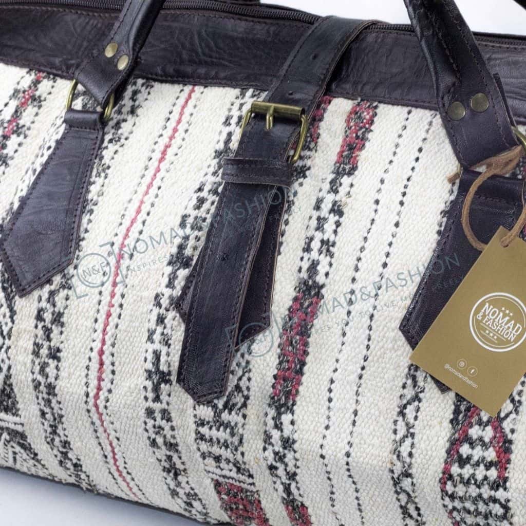 Moroccan Leather with Black &amp; White kilim travel Shoulder Duffle Bag Handbag Tribal Bohemian