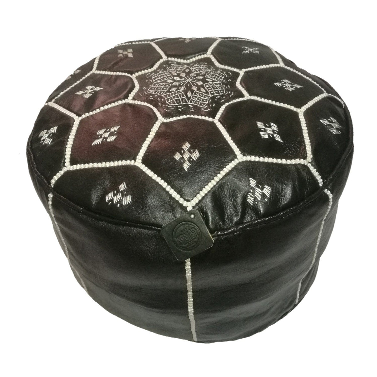 Moroccan Handmade leather pouf ottoman round footstool color Black Hand-Sewn Unstuffed - nomad&amp;fashion