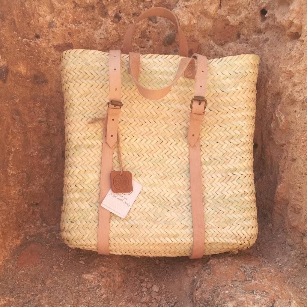 Handwoven Straw Backpack with genuine leather straps