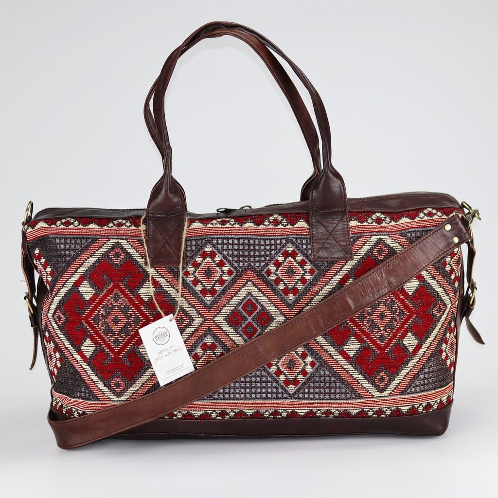 Travel Duffle Bag Carry On Tote Weekender Overnight Bag with Leather Shoulder Strap and unique Kilim design