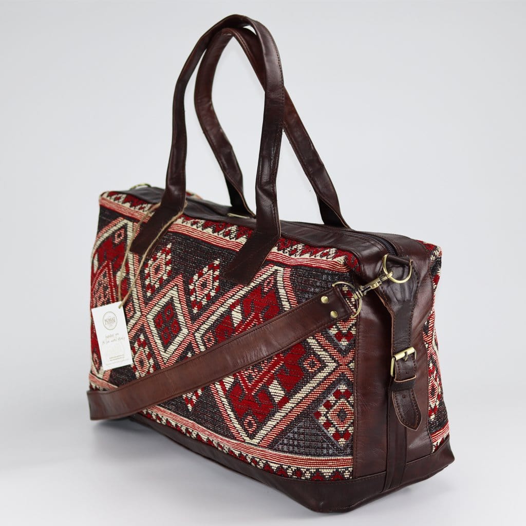 Travel Duffle Bag Carry On Tote Weekender Overnight Bag with Leather Shoulder Strap and unique Kilim design